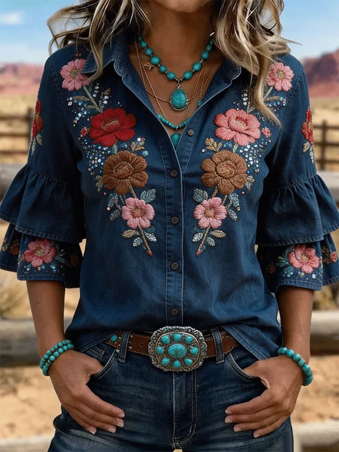 Women'S Retro Rhinestone Embroidered Pleated Sleeves Denim Western Style Shirt