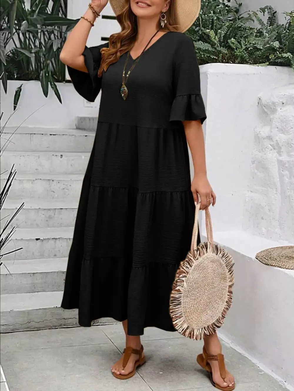 Plus Size Ruffle Sleeves Tiered Midi Dress