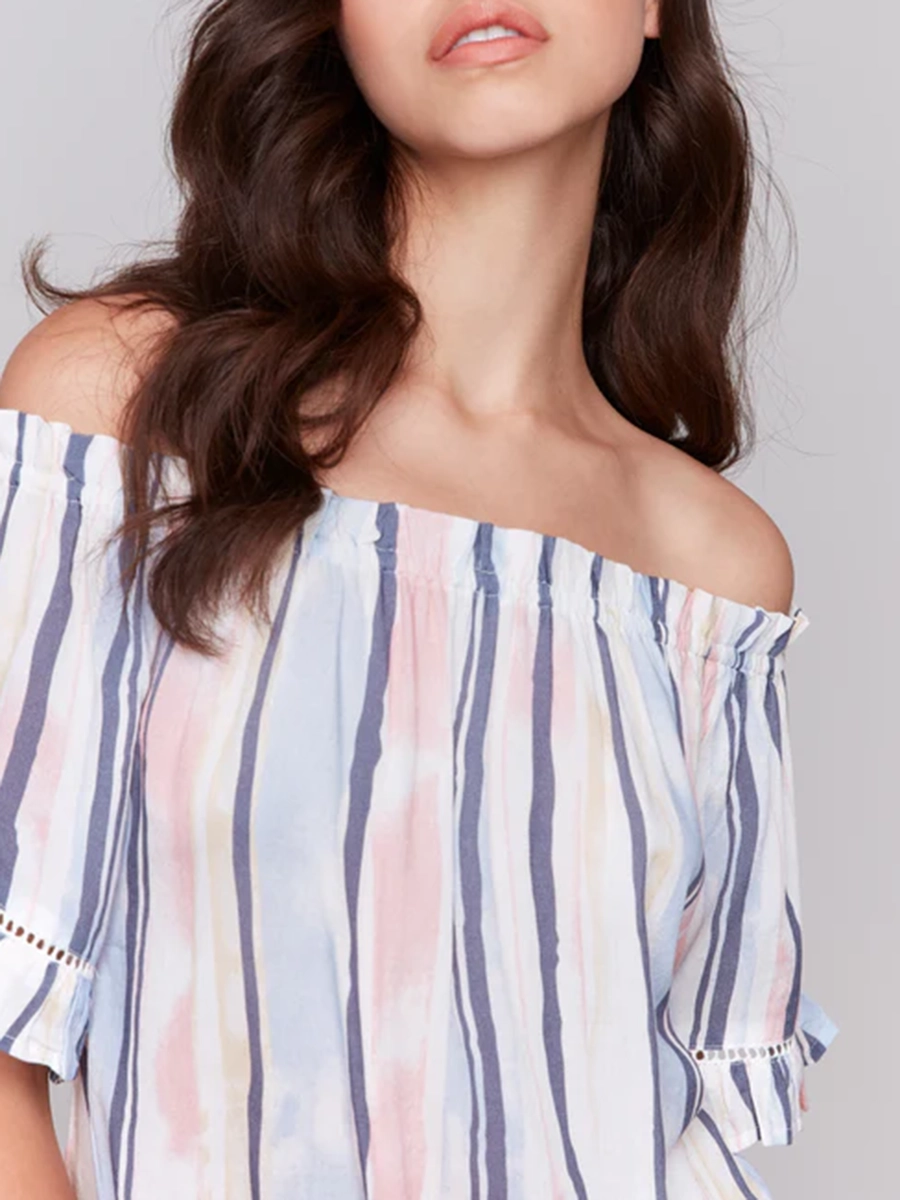 Striped High-End Off-Shoulder Short Sleeves