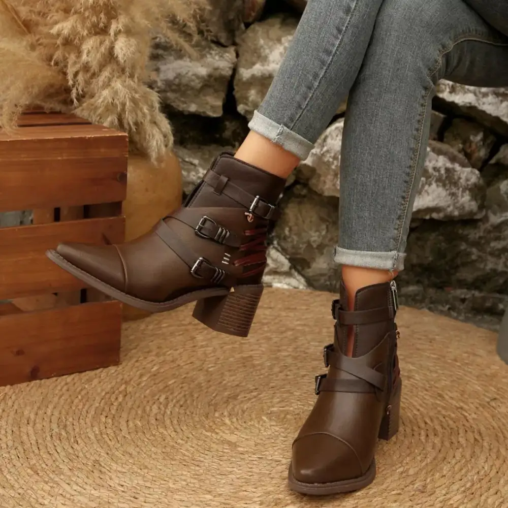 Pointed Toe Buckle Strap Ankle Boots with Block Heel