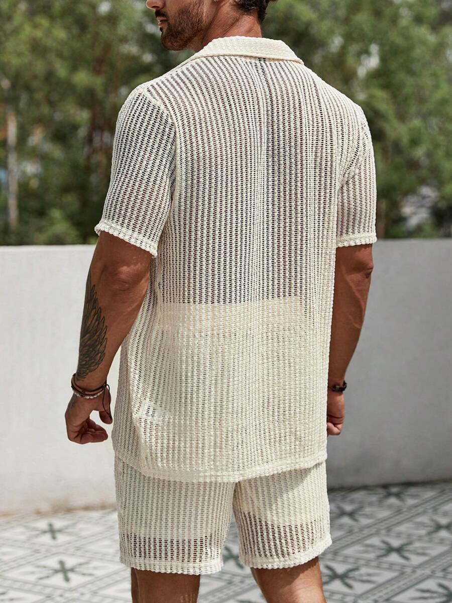 2Pcs Men's Resort Beach Woven Hollow Shirt Shorts Set