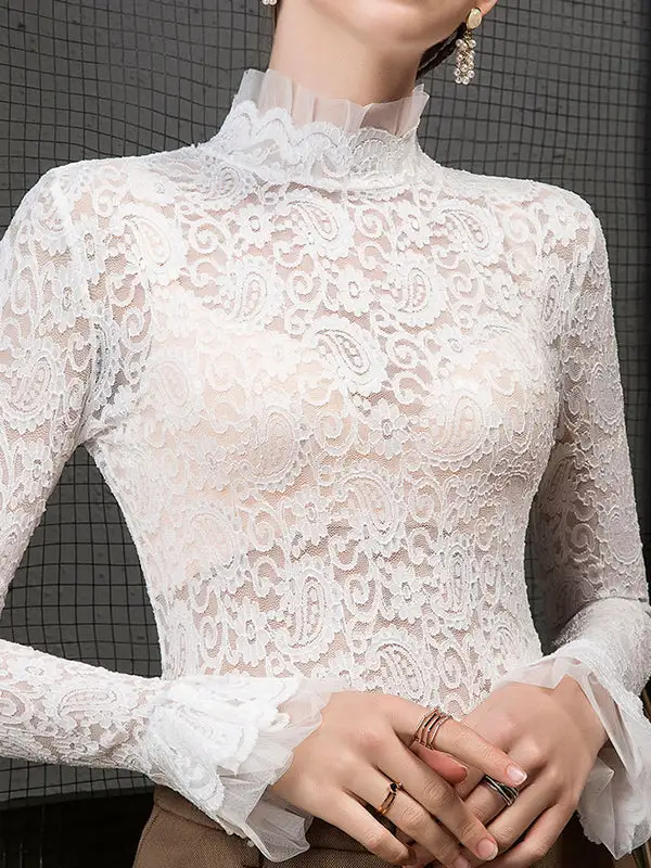 Flared Sleeve Long Sleeve Sheer Panel Detail Mock Neck T-Shirt