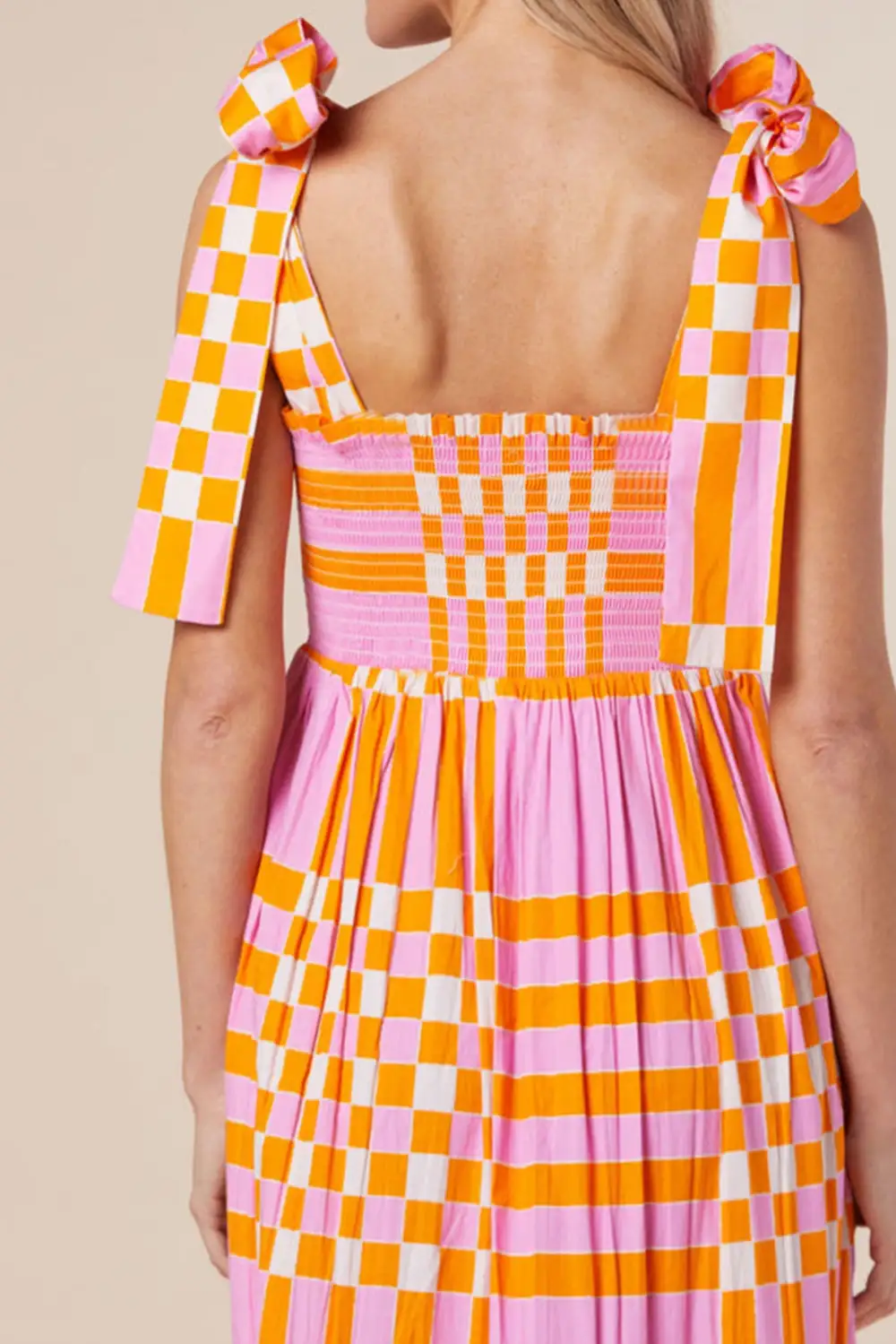 Pink Gingham Tied Straps Maxi Dress