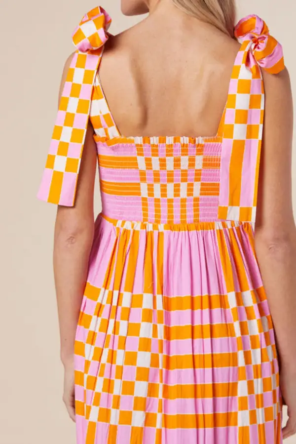 Pink Gingham Tied Straps Maxi Dress