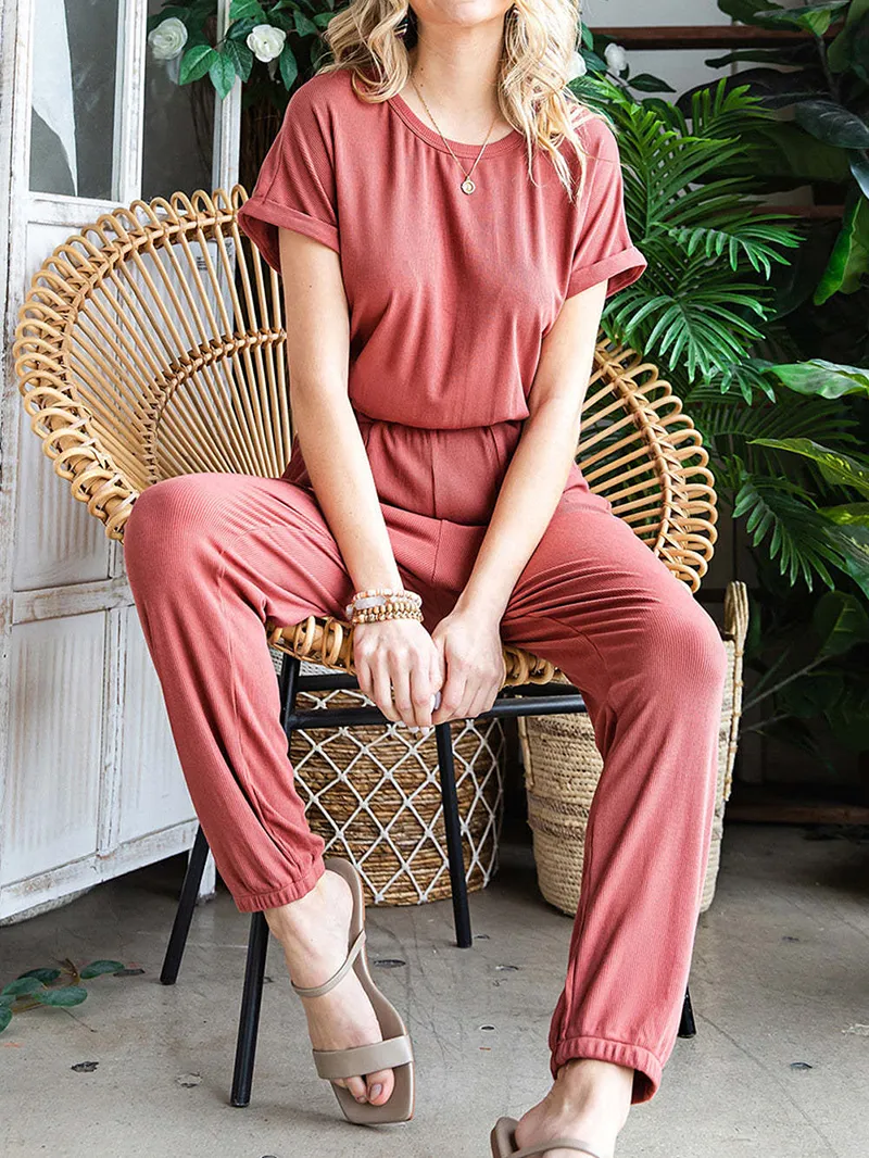 Fashionable solid color round neck casual jumpsuit