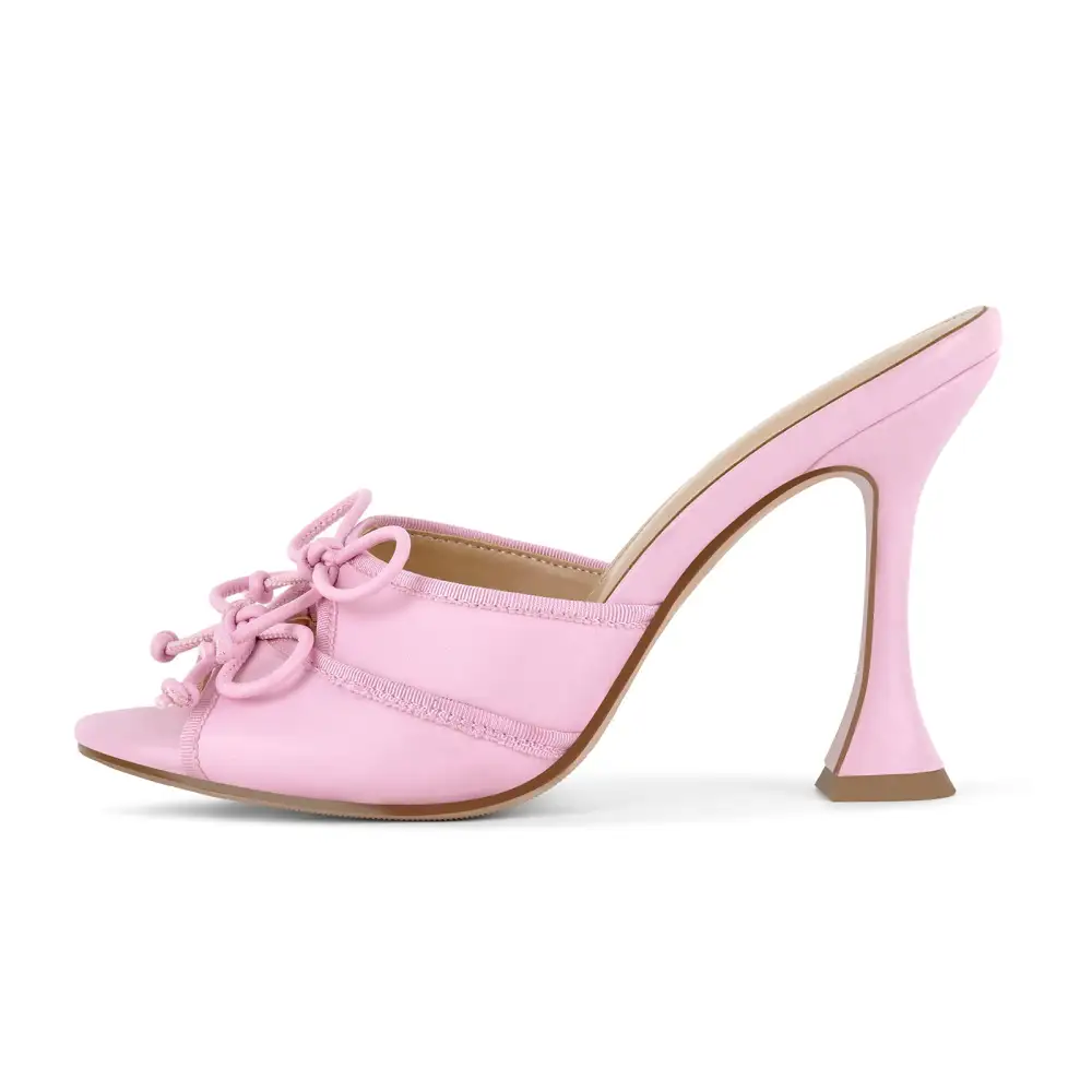 Round Toe Double Bow Tapered Heel Mule Sandals