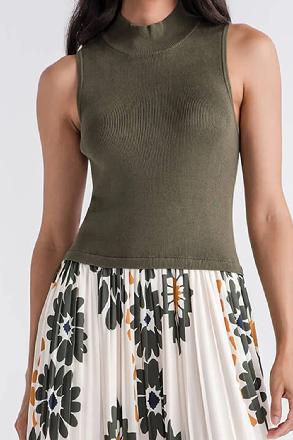 Skies Are Blue Printed Pleated Midi Dress - cream-olive