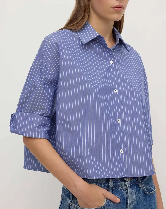 Blue & White Striped Cropped Cotton Shirt