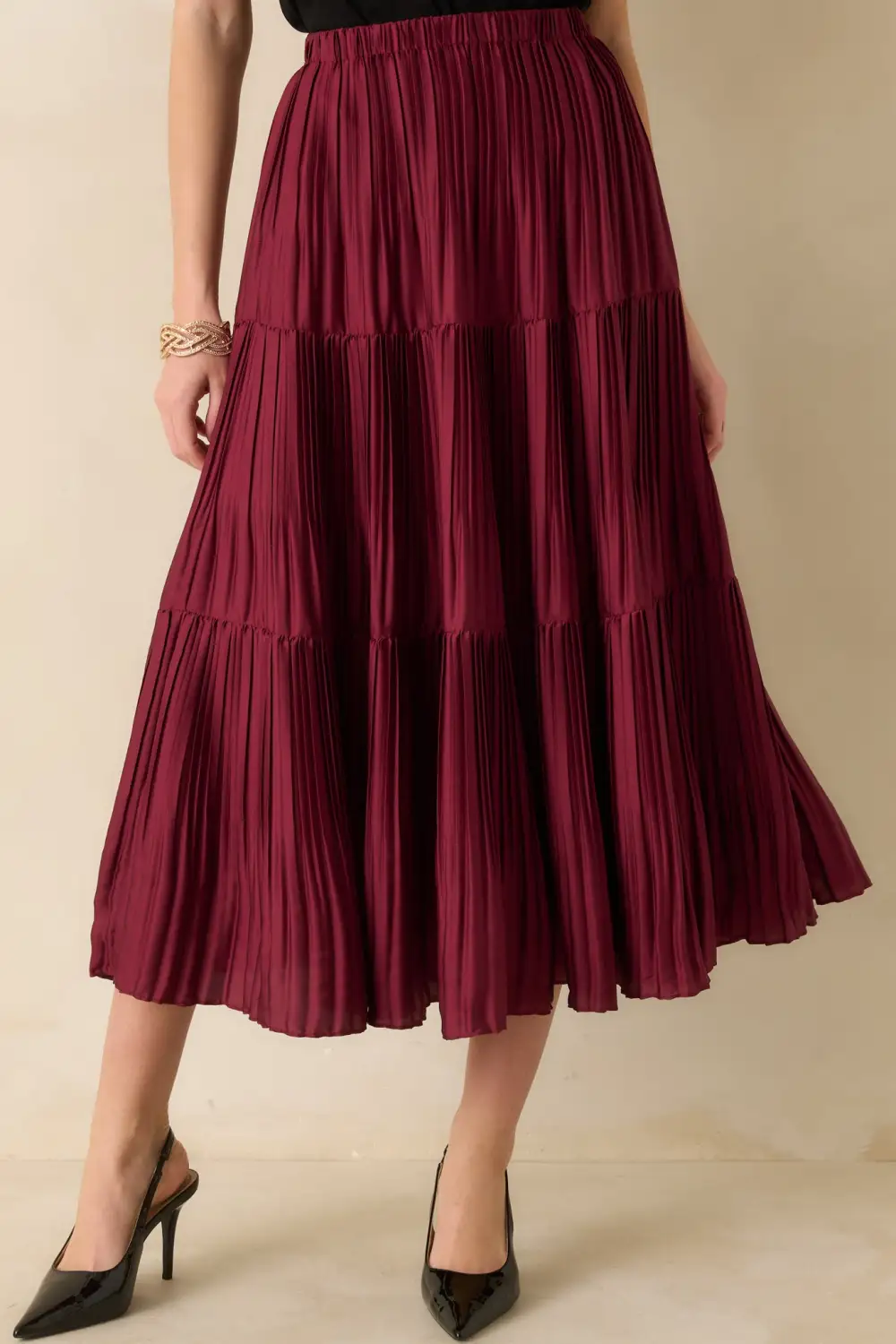 Tiered Pleated Midi Skirt