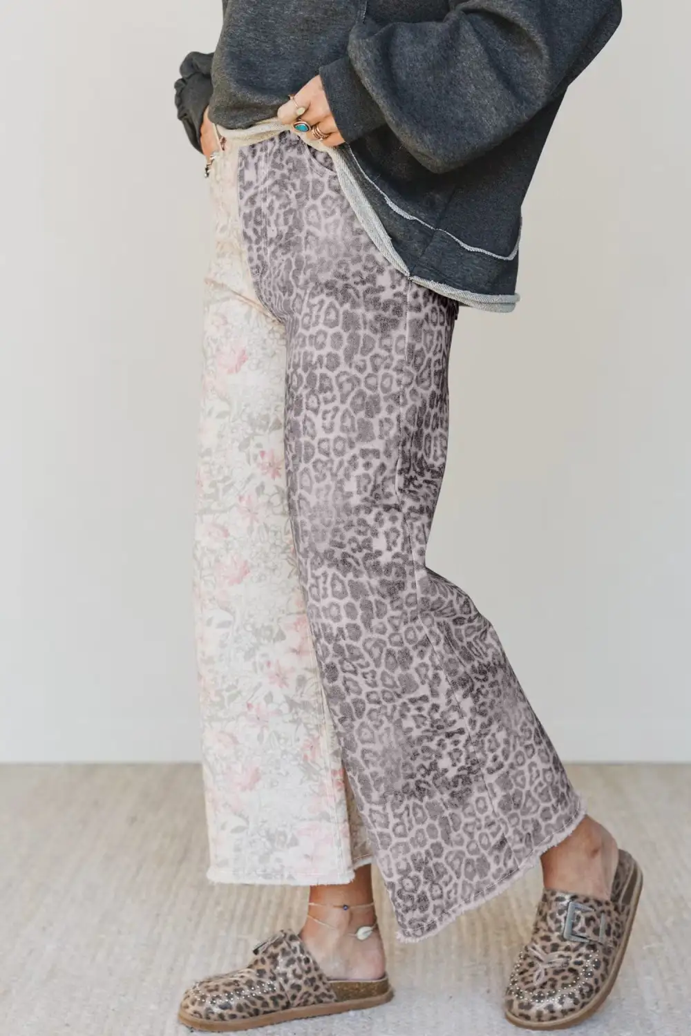 Raw Hem Leopard Floral Multicolour Retro Jeans