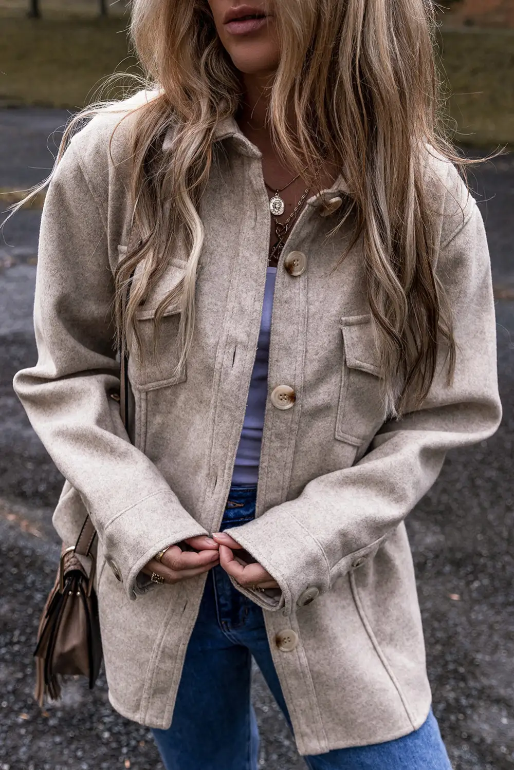 Turn Down Collar Flap Pockets Button Shirt Jacket