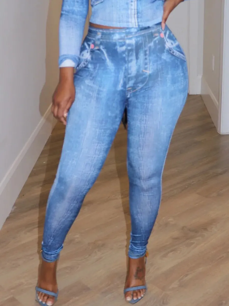 Denim Printed Top And Leggings Set