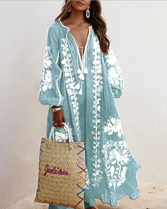 Boho Plus Size Plunge Loose Maxi Dress