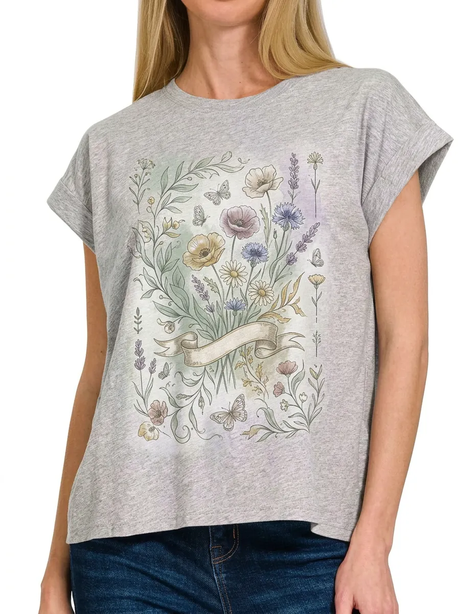Women's Botanical Floral Butterfly Ribbon Printed T-shirt
