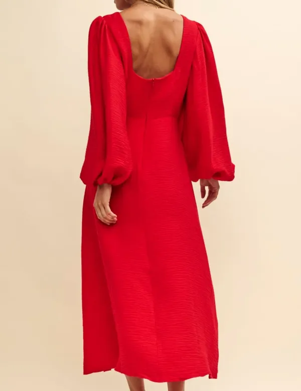 Red Linen-blend Balloon Sleeve Zora Midi Dress