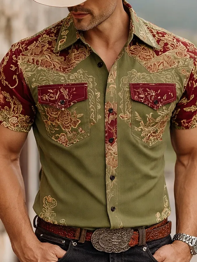 Men's Western Floral Jacquard Short Sleeve Shirt