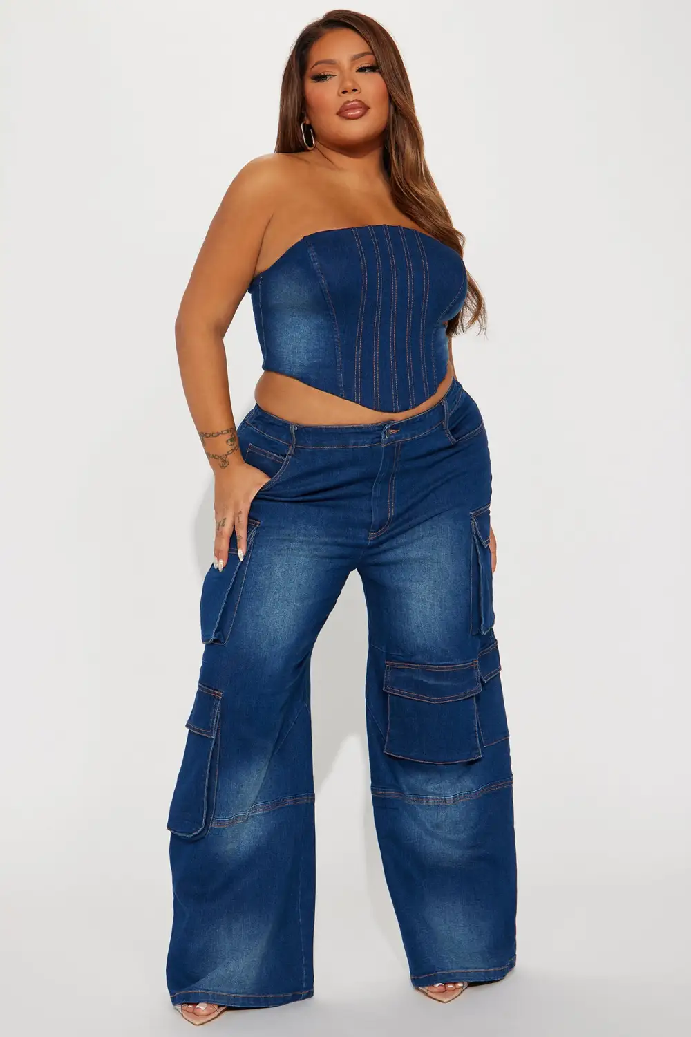 Estefania Denim Cargo Pant Set - Dark Wash