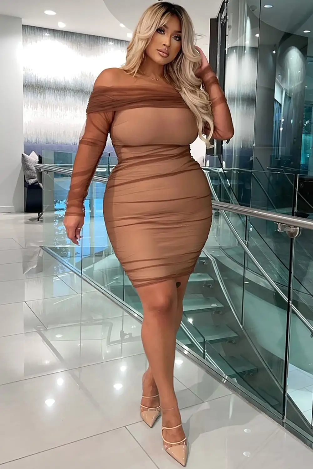 Ruched And Ready Bandage Midi Dress - Taupe