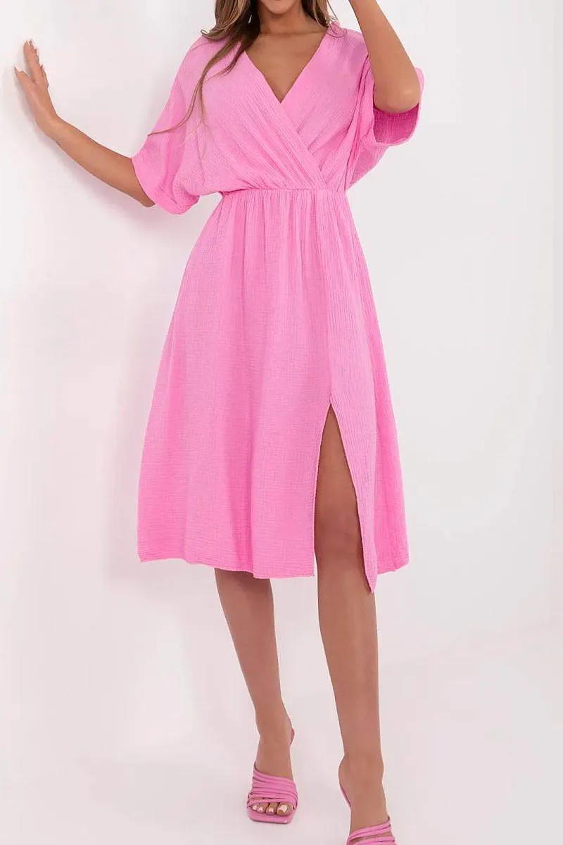 Airy Cotton Muslin Wrap Midi Dress With Elastic Waistband And Short Sleeve