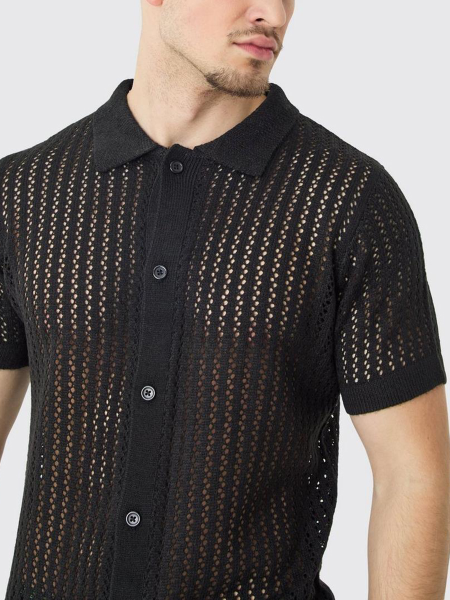 ALL OPEN STITCH SHORT SLEEVE KNITTED SHIRT