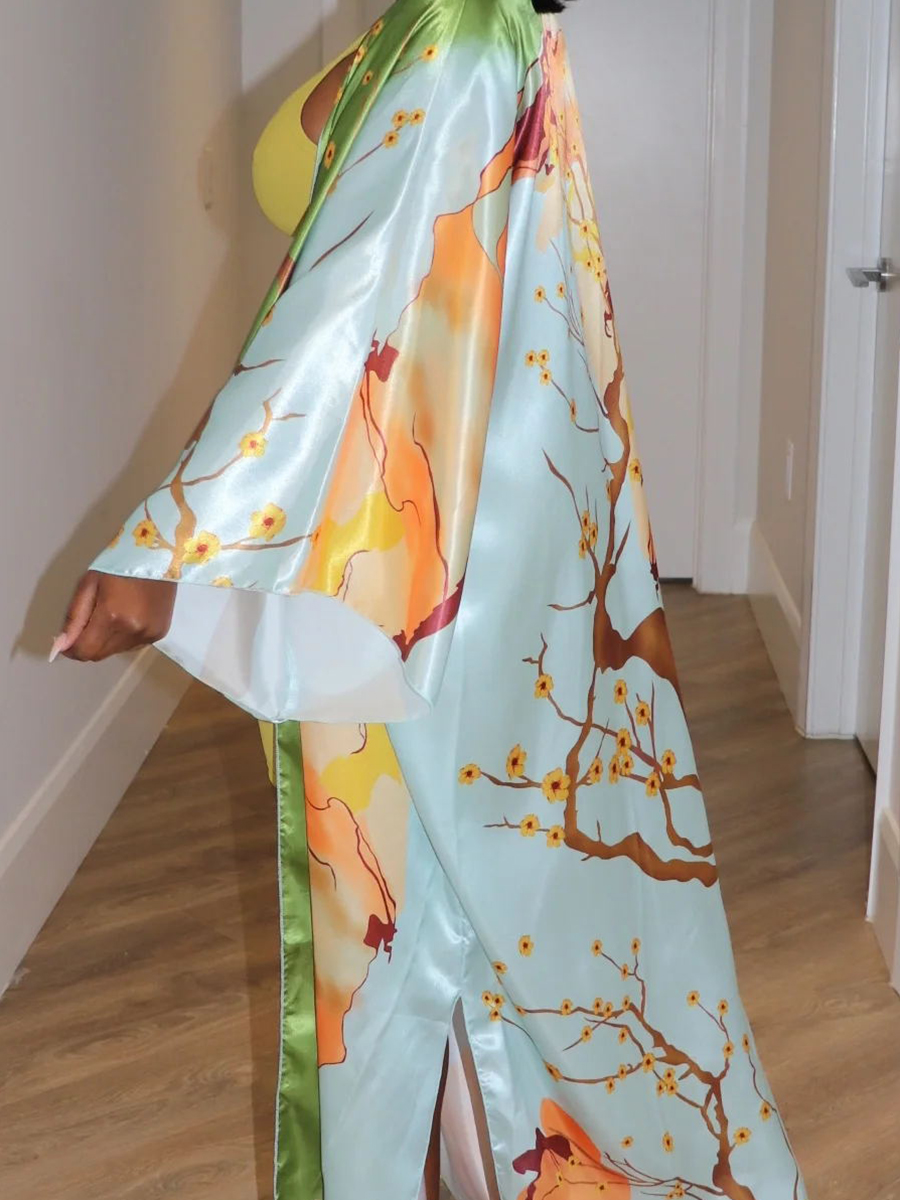 Multi color plant pattern large silhouette long kimono