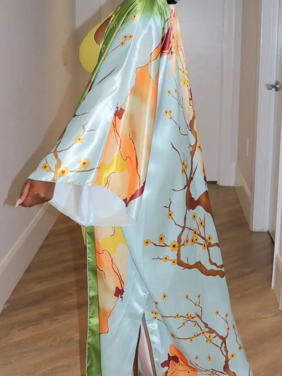 Multi Color Plant Pattern Large Silhouette Long Kimono
