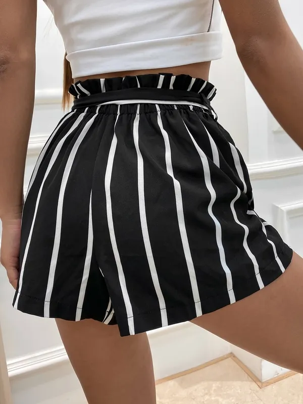 Women's Striped Belted Paperbag Waist Regular Fit Shorts