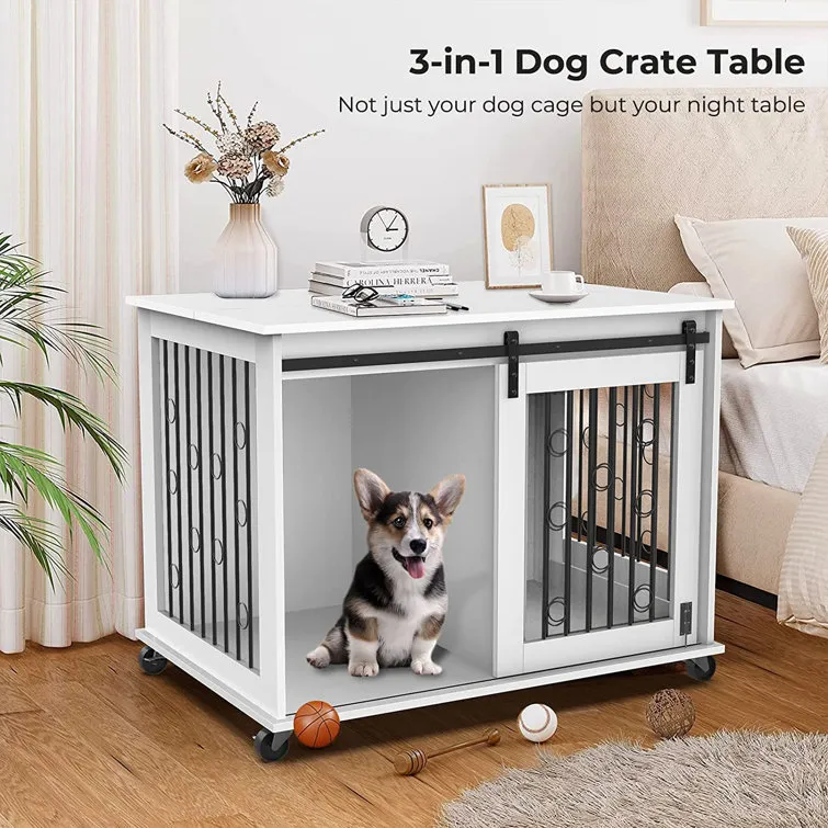 Dog Crate Furniture With Divider For 2 Small To Medium Pets, Wooden Cage End Table, Heavy Duty Indoor Puppy Kennel With Removable Divider And Sliding Door, 39.37'w*25.2'd*28.94'h