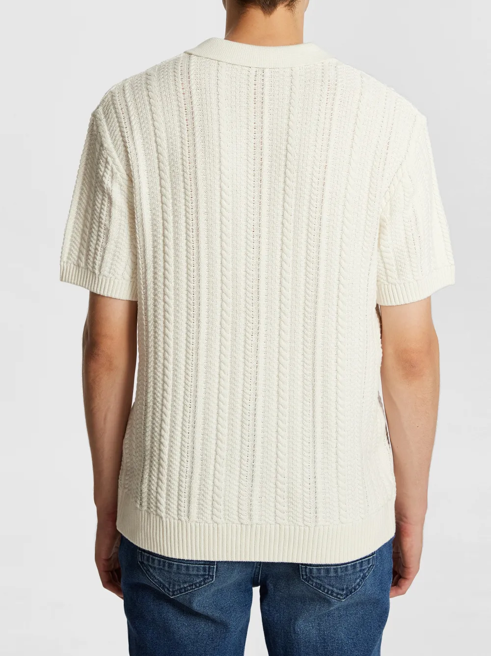 Off White Short Sleeve Cable Knit Polo Shirt