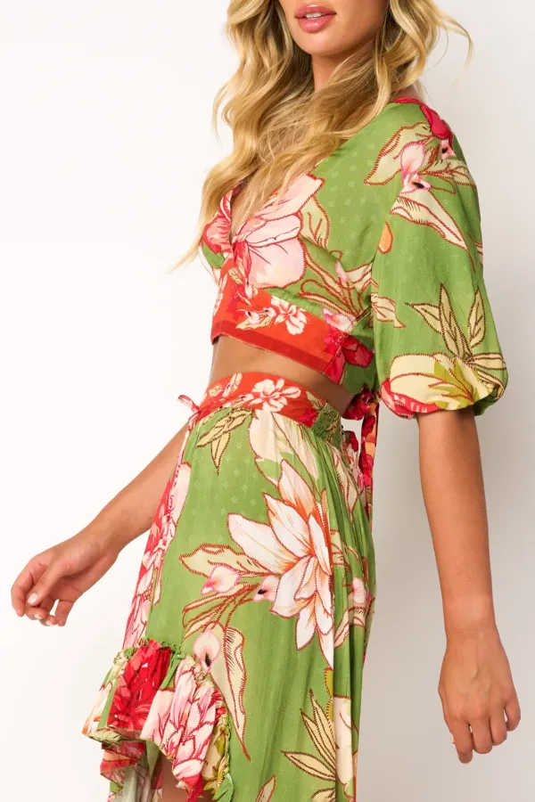 Green And Red Floral Print Wrap Crop Top