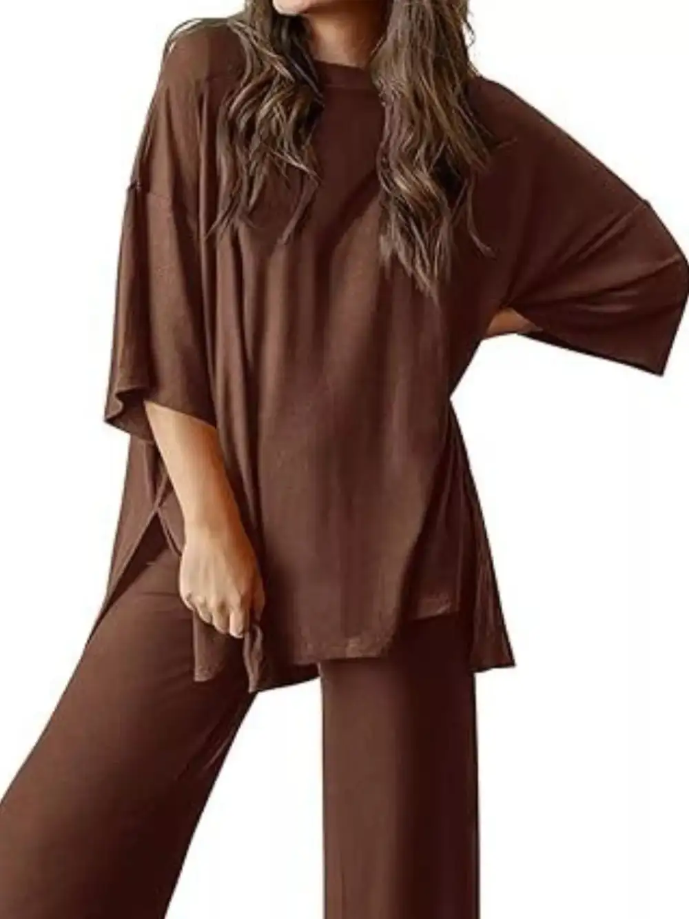 Relaxed Fit Round Neck Top and Pants Two Piece Set