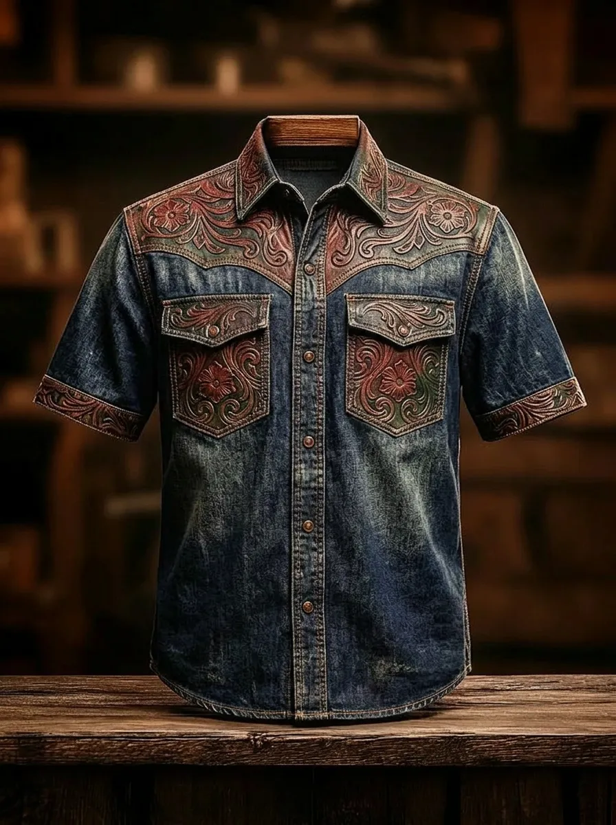 Men's Western Cowboy Floral Tooled Leather Printed Shirt