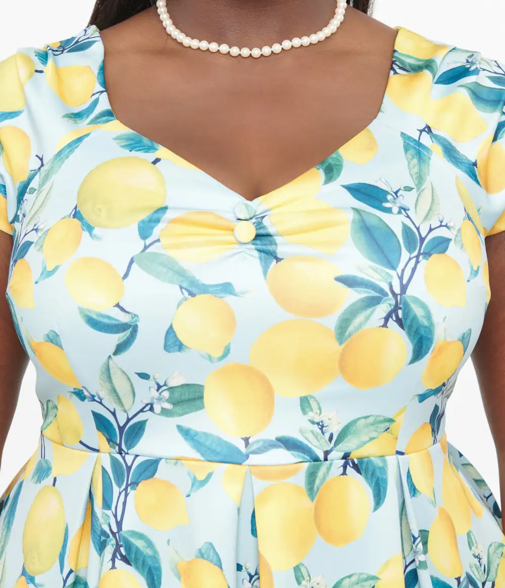 Dolly & Dotty 1950s Blue & Yellow Lemon Off The Shoulder Lily Swing Dress