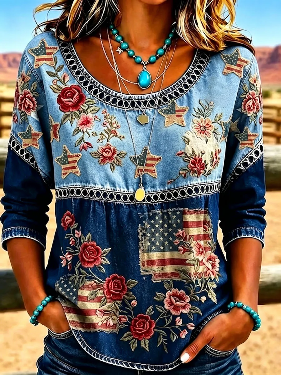 Women's Casual Round-Neck Printed Cotton-Linen Top
