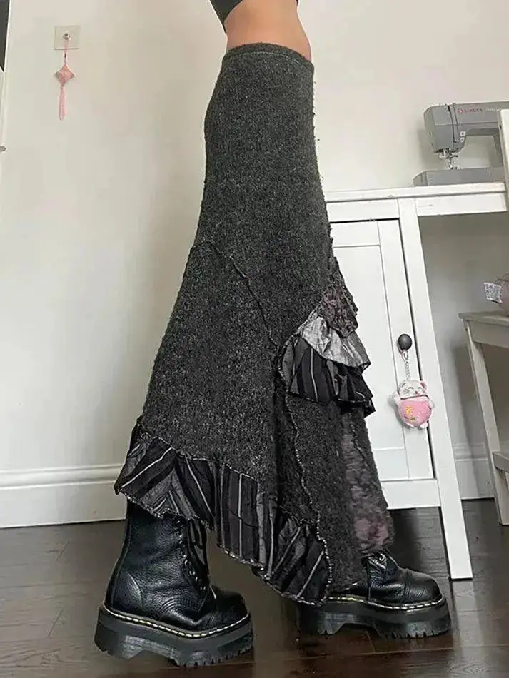 Vintage Contrast Patchwork Asymmetric Midi Skirt