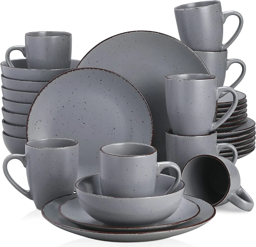 vancasso Navia Ceramic Dinnerware Set, 48 pieces Set of 12 Stoneware Spray Spot Patterned Service Dish with Dinner Plates, Salad Plates, Bowls, Mugs - Grey