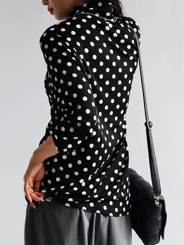 Long Sleeve Relaxed Polka Dot Draped Collar T-Shirt