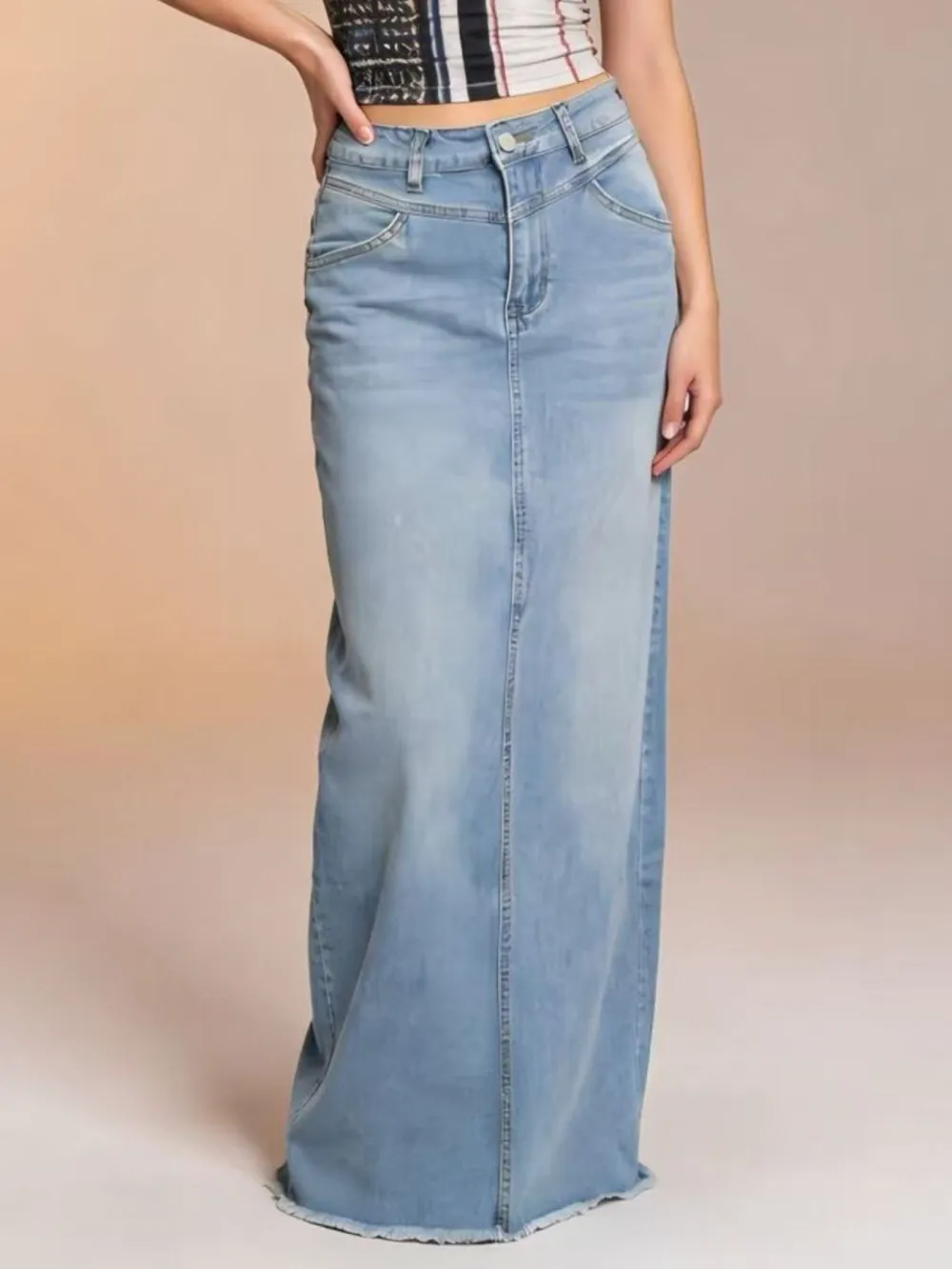 Lightweight Button Front Denim Silhouette Skirt