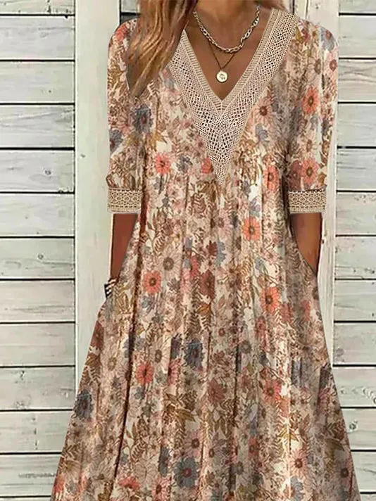 Casual V Neck Floral Dress