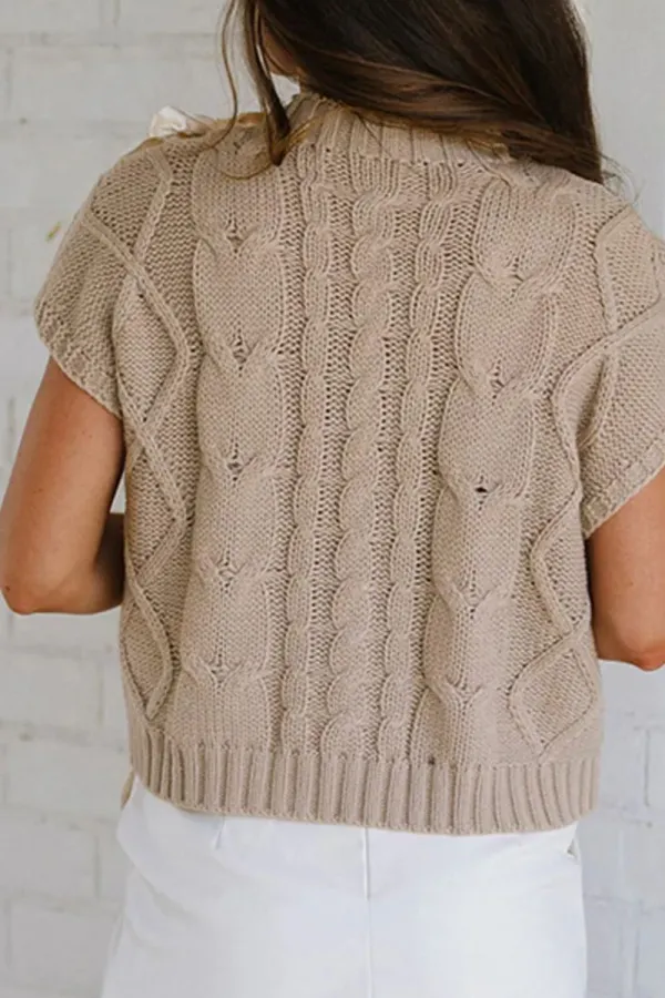 Cable-Knit Tied Mock Neck Short Sleeve Sweater -Ships 11/1