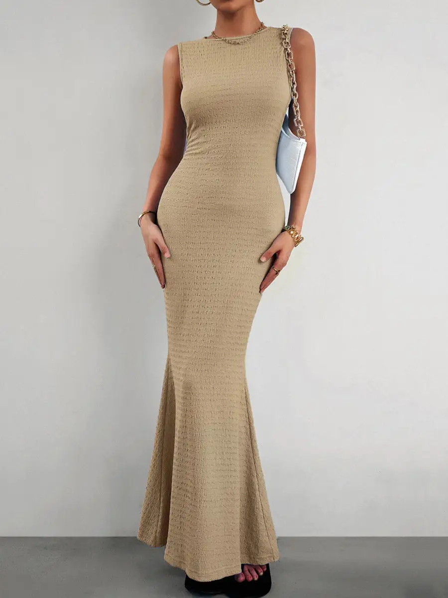 Split Pleated Sleeveless Neck Maxi Dress