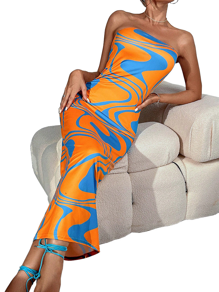 Temperament-hugging Waist-hugging Printed Tube Top Dress