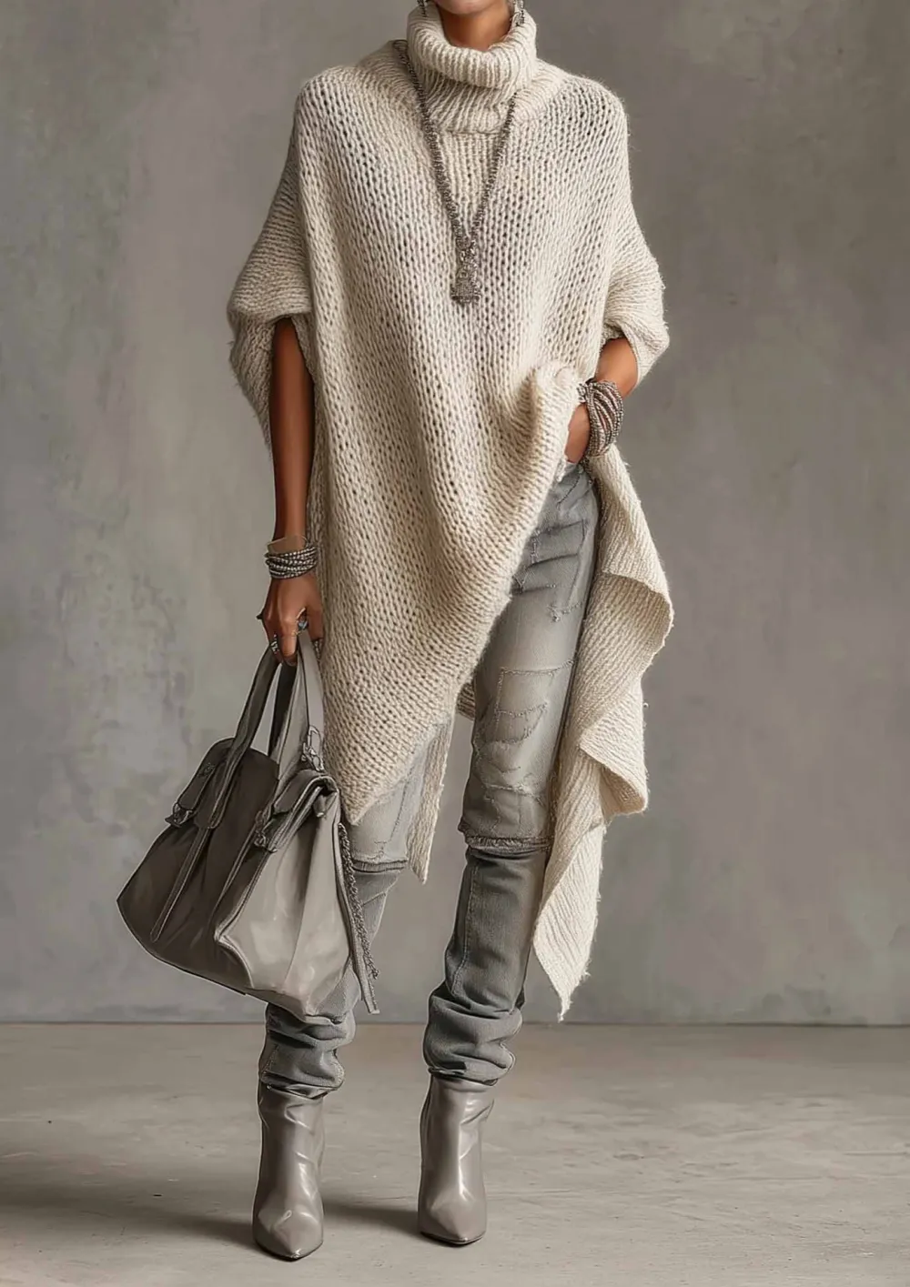 Asymmetrical Hem High Neck Knit Midi Dress