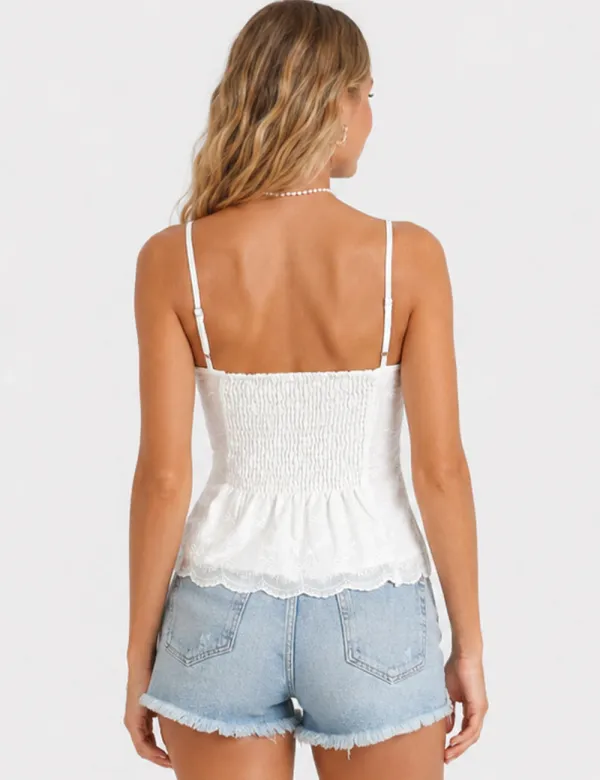 Embroidery Sleeveless Button Front Peplum Cami Top