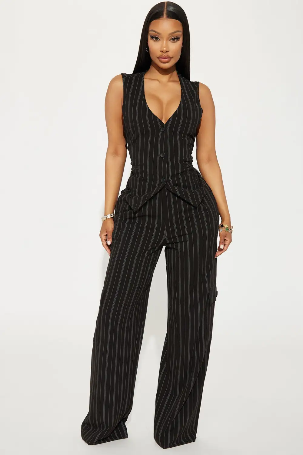 Heidy Pinstripe Vest Pant Set - Black