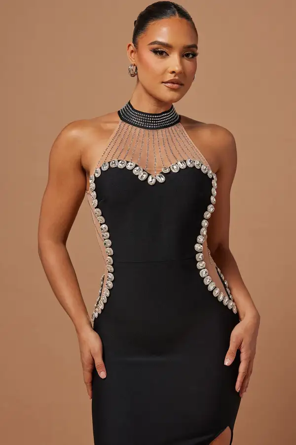 Becky Embellished Bandage Gown - Black