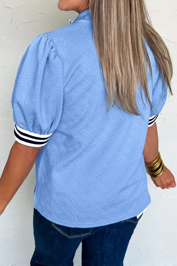 Textured Stripe Trim Split Neck Puff Sleeve Top