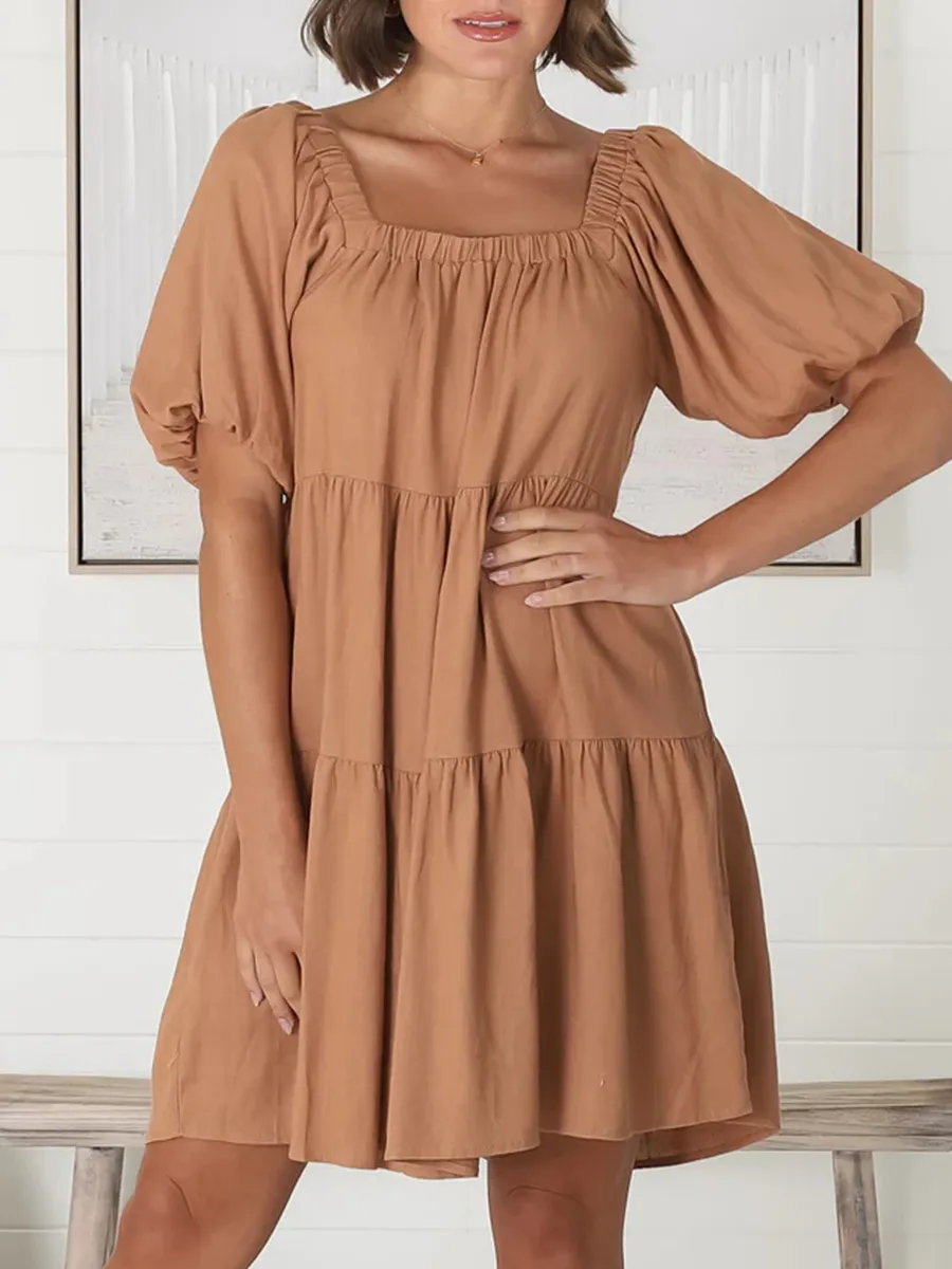 Square-neck puffy sleeves loose A-shape dress