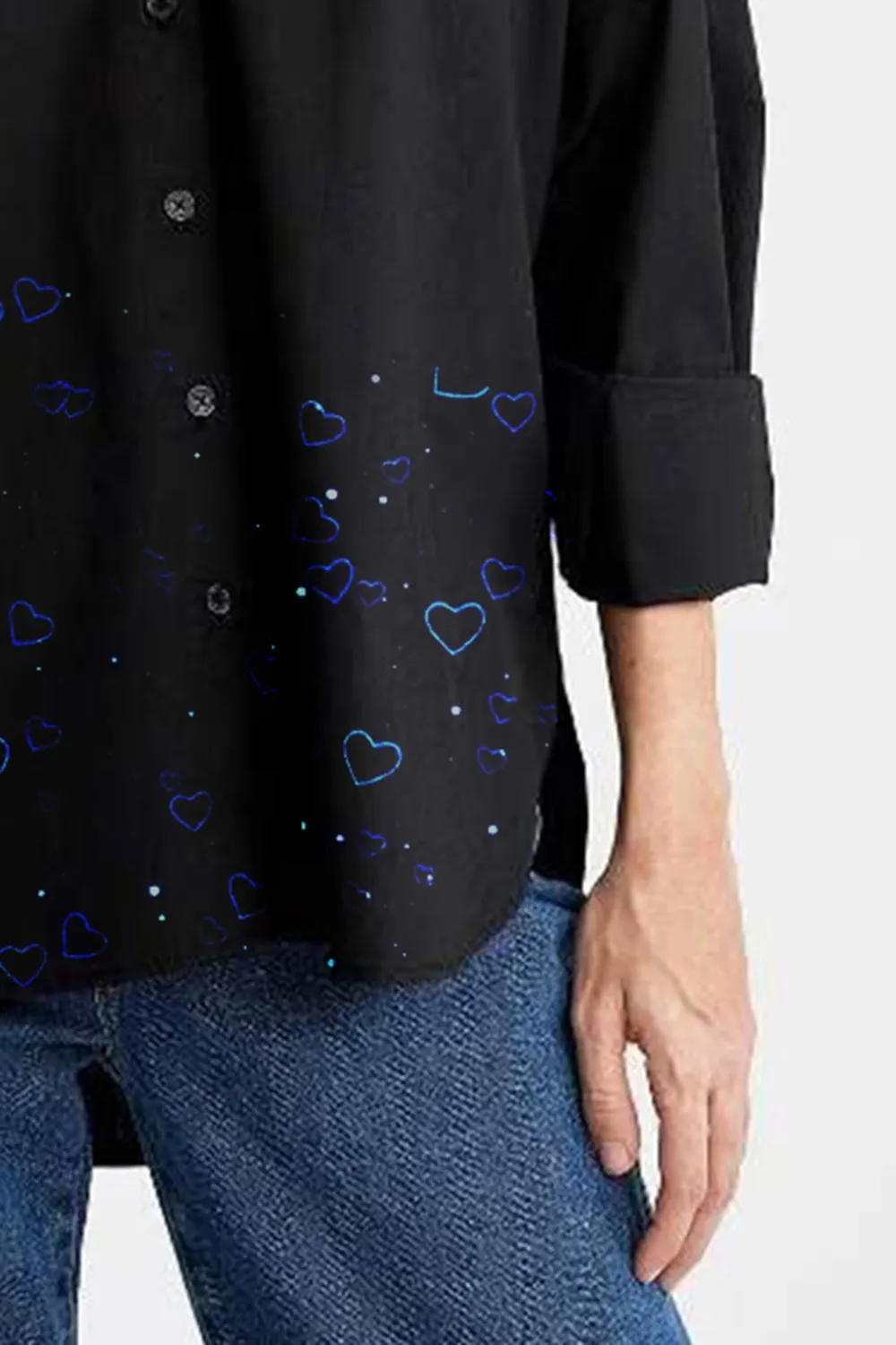 Heart Print Roll Sleeve Button Down Shirt