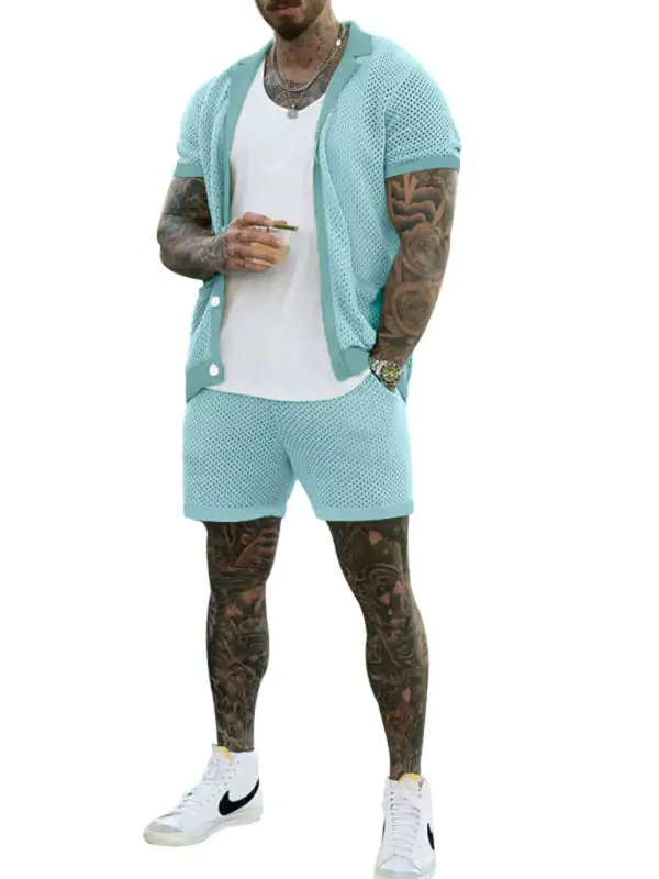 Knit Lapel Collar Short Sleeve Shorts